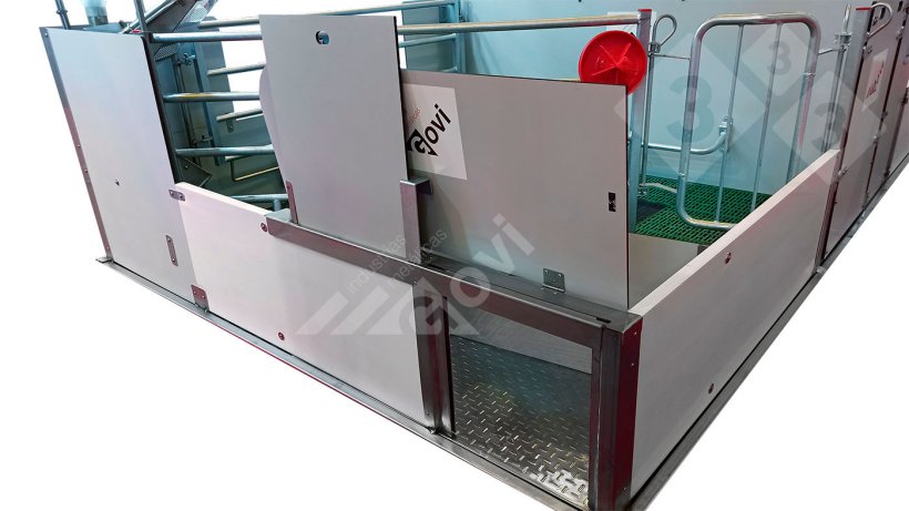 H&igrave;nh 1. &Ocirc; đẻ với c&aacute;c cửa mở cho ph&eacute;p heo con tiếp cận khu &uacute;m hoặc &ocirc; chuồng kế b&ecirc;n.
